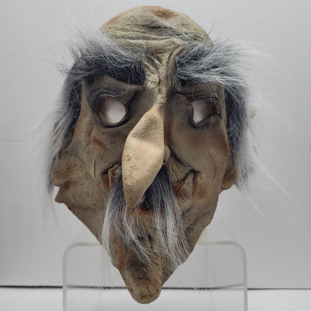 Vtg Hairy Scary Old Man Adult Halloween Mask Pointy Nose Liver Spotted Skin Wart